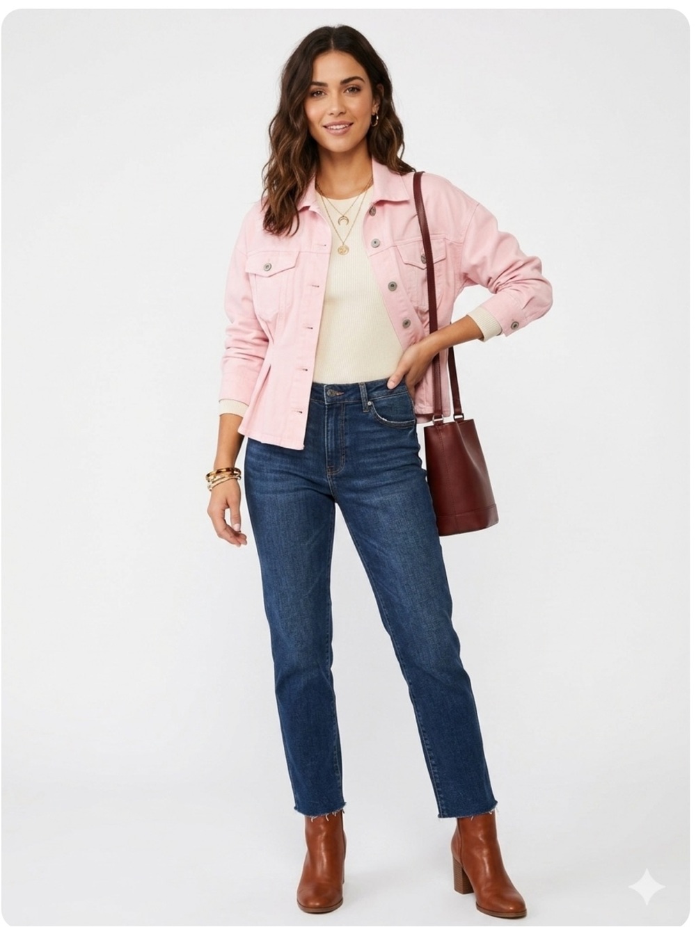 Vici Blush Pink Denim Jacket tailored silhouette by a prominent Vertical Tuck